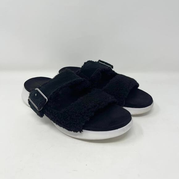 Koolaburra Black Pasea Faux Fur Slip-On Slide Sandals - Picture 1 of 9